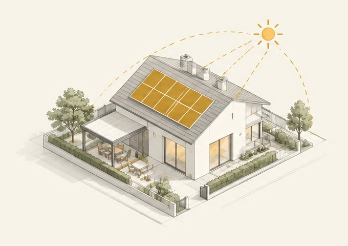 Ilustración de una casa unifamiliar con paneles solares en el tejado